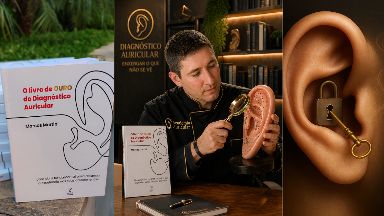 Marcos Martini com o modelo de uma orelha e o Livro de Ouro do Diagnóstico Auricular