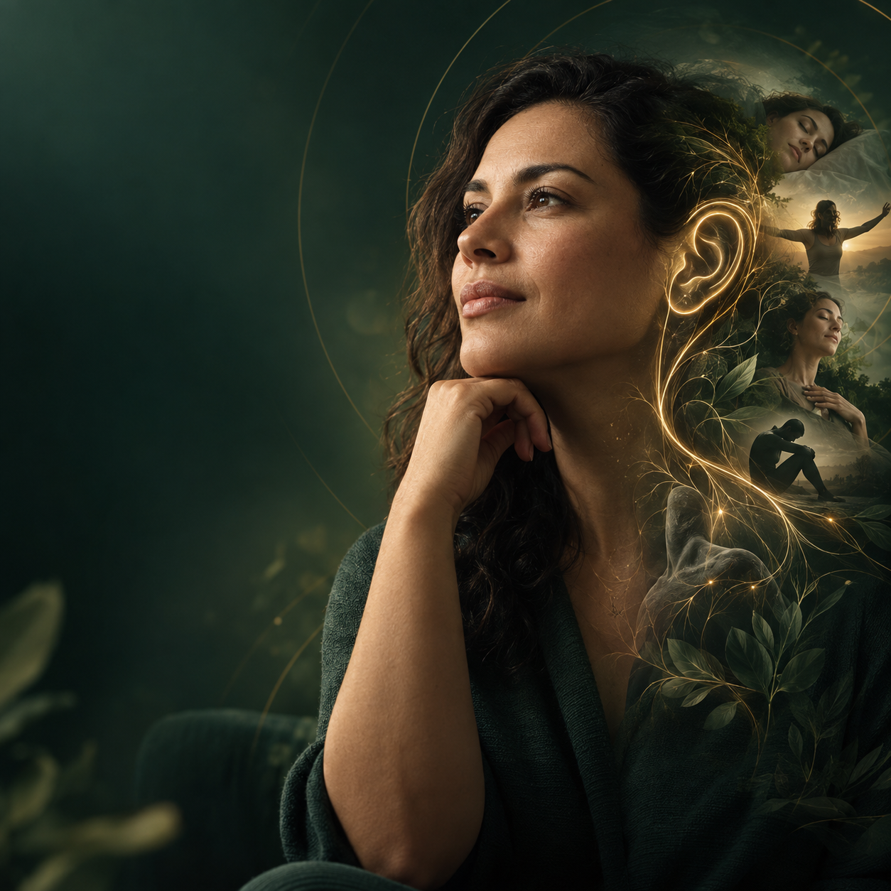 Mulher em composição visual que conecta orelha, sono e aspectos emocionais