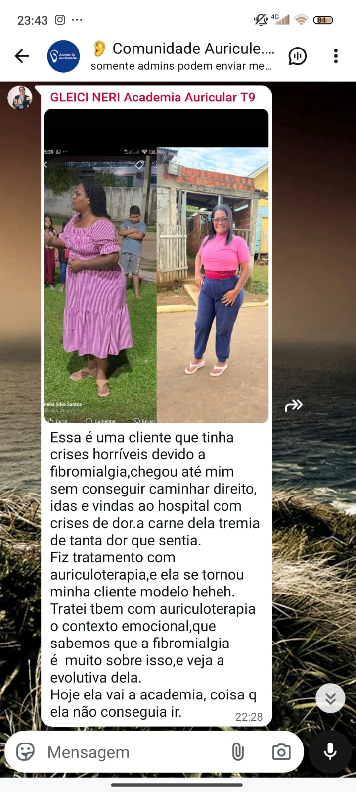 Relato real de Gleici com imagem autorizada da evolução de sua paciente com fibromialgia