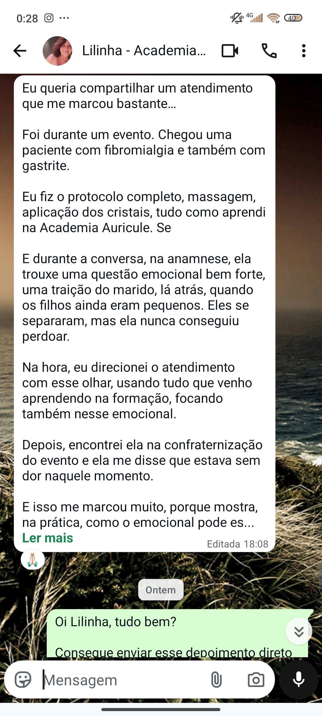 Relato completo de Lilinha sobre atendimento de fibromialgia e aspectos emocionais