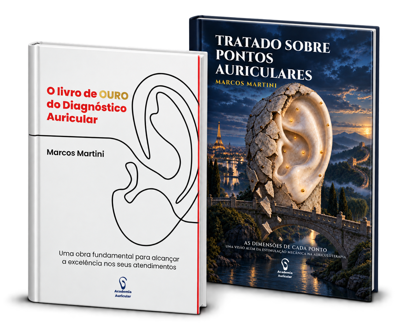 Mockup físico do Livro de Ouro do Diagnóstico Auricular e do Tratado sobre Pontos Auriculares, de Marcos Martini