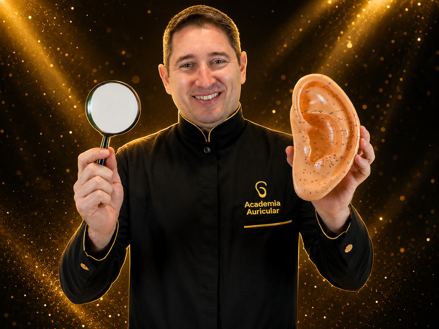 Marcos Martini, fundador da Academia Auricular, com modelo de orelha para diagnóstico auricular